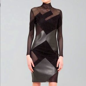 AKRIS Graphic Leather-tulle patchwork dress